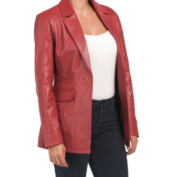 BOD & CHRISTENSEN Ruby Red Long Leather Blazer